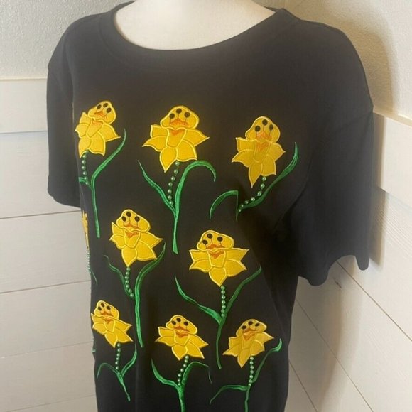 Bechamel Vintage Black Daffodil Beaded Applique Blouse Women's Size S - Picture 3 of 10
